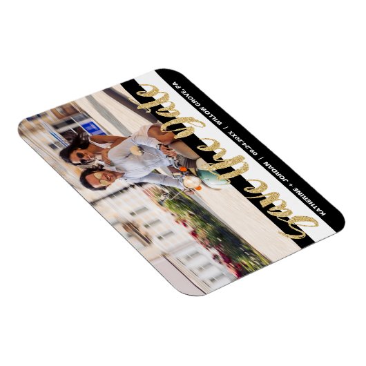 Zwarte Witte Stripe & Gold-tekst Sla de datum-foto Magneet (Rechterzijde)