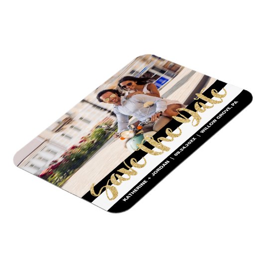 Zwarte Witte Stripe & Gold-tekst Sla de datum-foto Magneet (Linkerzijde)