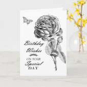 Zwarte witte tekening roos bloem Verjaardag Kaart (Gele Bloem)