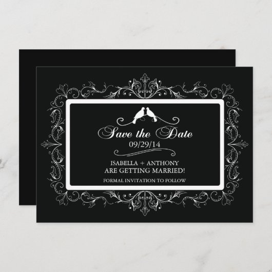 Zwarte witte Tortelduifjes  sparen de Datum Save The Date (Voorkant / Achterkant)