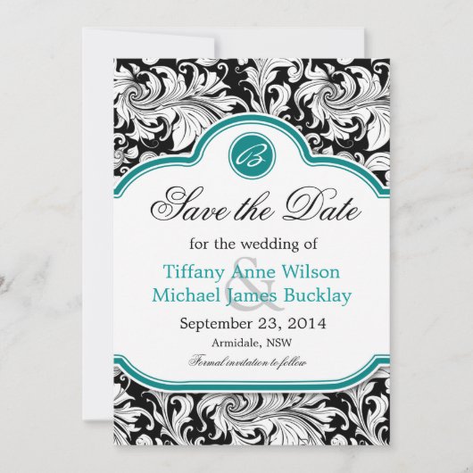 Zwarte witte vogel turquoise bruiloft met uitzonde save the date (Voorkant)