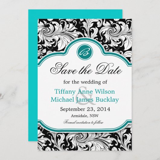 Zwarte witte vogel turquoise bruiloft met uitzonde save the date (Voorkant / Achterkant)