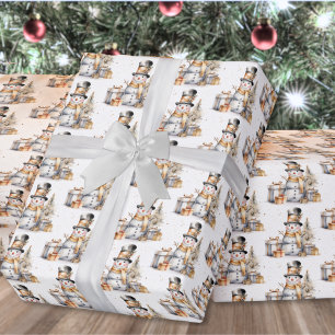 Zwarte Witte Winter Sneeuwman Kerstmis Cadeaupapier