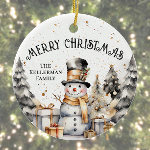Zwarte Witte Winter Sneeuwman Vrolijk Kerstfeest Keramisch Ornament