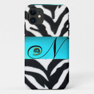 ZWARTE WITTE ZEBRA FUR BLAUWGROEN AQUA BLUE GEM MO iPhone 11 HOESJE