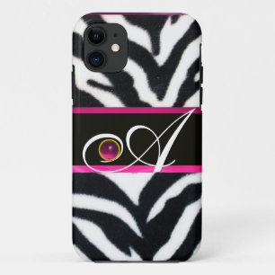 ZWARTE WITTE ZEBRA FUR FUCHSIA PINK GEM MONOGRAM, iPhone 11 HOESJE