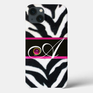 ZWARTE WITTE ZEBRA FUR FUCHSIA PINK GEM MONOGRAM, iPhone 13 HOESJE