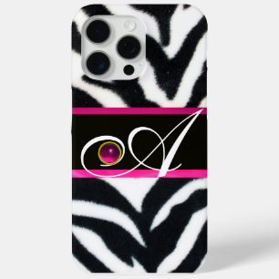 ZWARTE WITTE ZEBRA FUR FUCHSIA PINK GEM MONOGRAM, iPhone 15 PRO MAX HOESJE