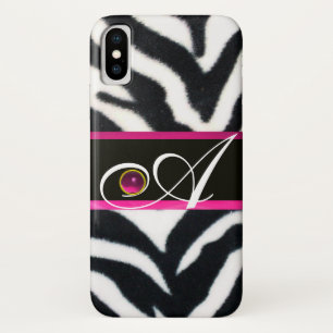 ZWARTE WITTE ZEBRA FUR FUCHSIA PINK GEM MONOGRAM, iPhone X HOESJE