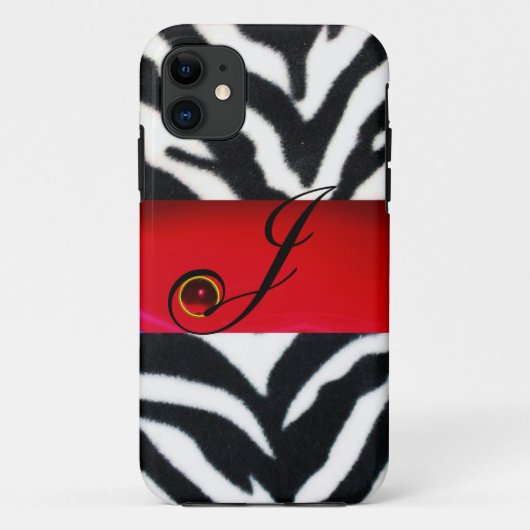 ZWARTE WITTE ZEBRA FUR RED GEM MONOGRAM, Case-Mate iPhone CASE (Achterkant)