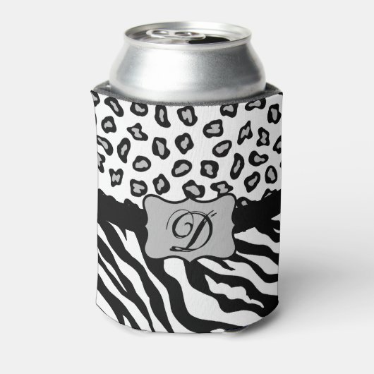 Zwarte witte Zebra Leopard Skin Monogram Blikjeskoeler (Blikje Achterkant)