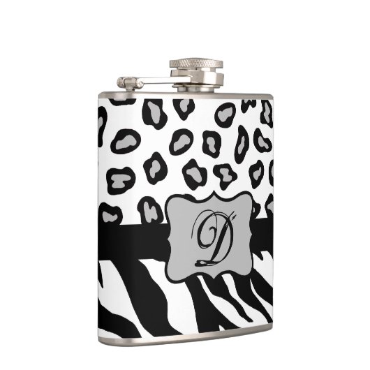 Zwarte witte Zebra Leopard Skin Monogram Heupfles (Rechts)