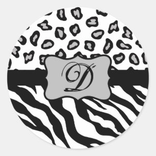 Zwarte witte Zebra Leopard Skin Monogram Ronde Sticker