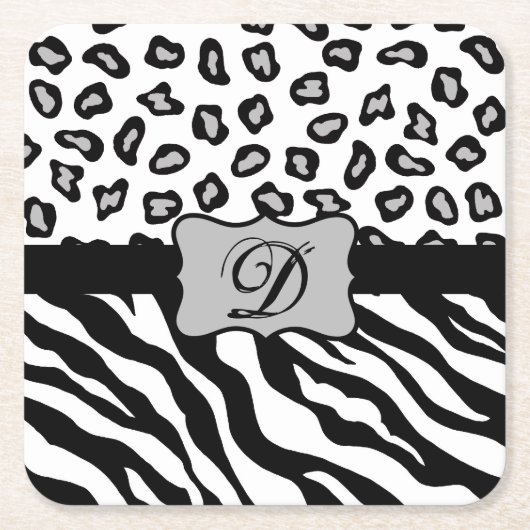 Zwarte witte Zebra Leopard Skin Monogram Vierkante Kartonnen Onderzetter (Voorkant)