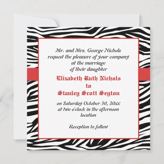 Zwarte witte zebra print met rode juweel bruiloft kaart (Achterkant)