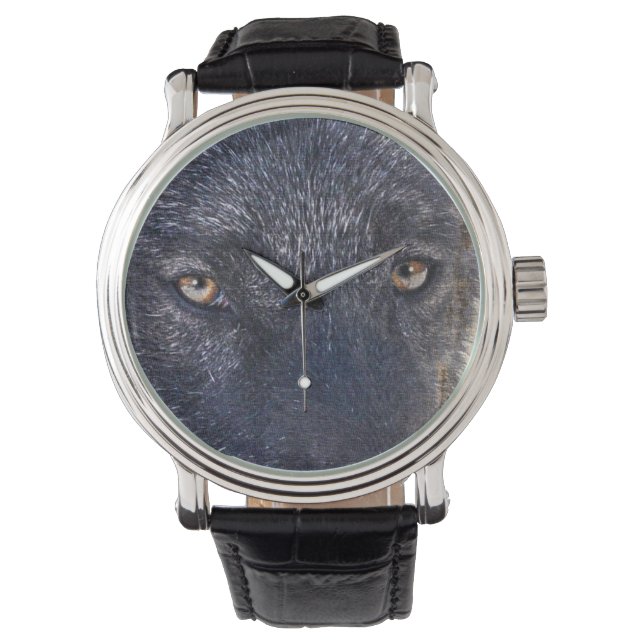 Zwarte Wolf Gezicht Wildlife Horloge (Voorkant)