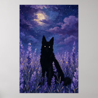 Zwarte Wolf in Lavendelveld Poster