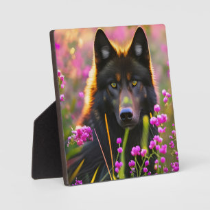 Zwarte wolf in roze bloemen fotoplaat