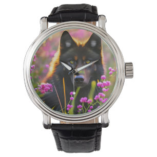 zwarte wolf in roze bloemen horloge