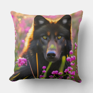Zwarte wolf in roze bloemen kussen