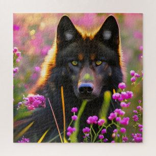 Zwarte wolf in roze bloemen legpuzzel