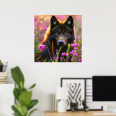 Zwarte wolf in roze bloemen poster (Thuiskantoor)