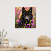 Zwarte wolf in roze bloemen poster (Keuken)