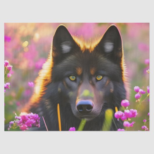Zwarte wolf in roze bloemen tissuepapier (Voorkant)