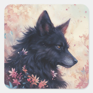 Zwarte Wolf in Roze en Blauwe Wildernis Tuin Vierkante Sticker
