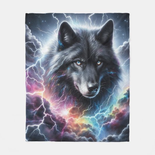 Zwarte wolf met bliksem fleece deken (Voorkant)