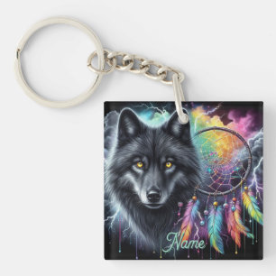 Zwarte wolf met een dromenvanger sleutelhanger
