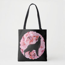 Zwarte Wolf met roze rozenrozen Canvas tas