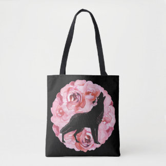 Zwarte Wolf met roze rozenrozen Canvas tas