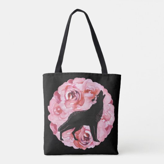 Zwarte Wolf met roze rozenrozen Canvas tas (Achterkant)