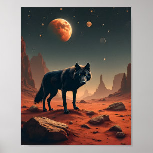 Zwarte wolf onder het marslandschap poster