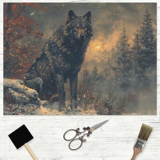 Zwarte wolf tijdens de winter schilderij Decoupage Tissuepapier