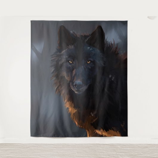 Zwarte wolf wandkleed (Voorkant)