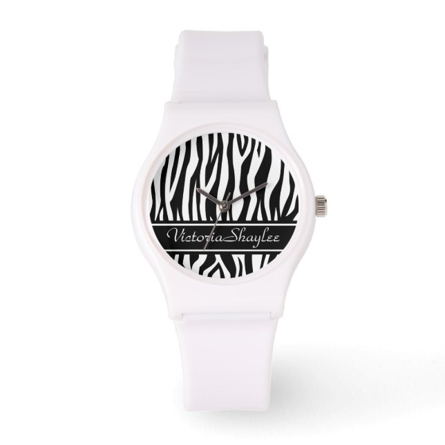 Zwarte Zebra Afdrukken met aangepaste tekst Horloge (Voorkant)