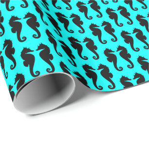 Zwarte Zee Paarden op Aqua Blauw Cadeaupapier