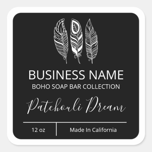 Zwarte Zeep-borden van Boho Feather Vierkante Sticker (Voorkant)