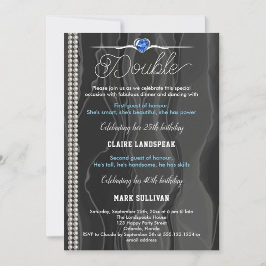 Zwarte Zijde, Parels en Blauwe Volwassendag Kaart (Voorkant)