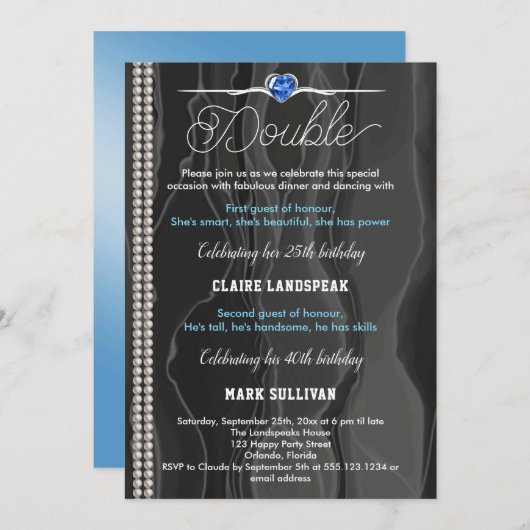 Zwarte Zijde, Parels en Blauwe Volwassendag Kaart (Voorkant / Achterkant)