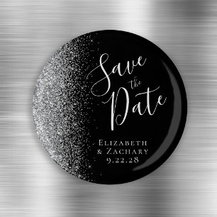 Zwarte Zilver Glitter Script Save the Date Magneet