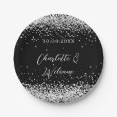 Zwarte zilveren confetti script bruiloft papieren bordje (Voorkant)