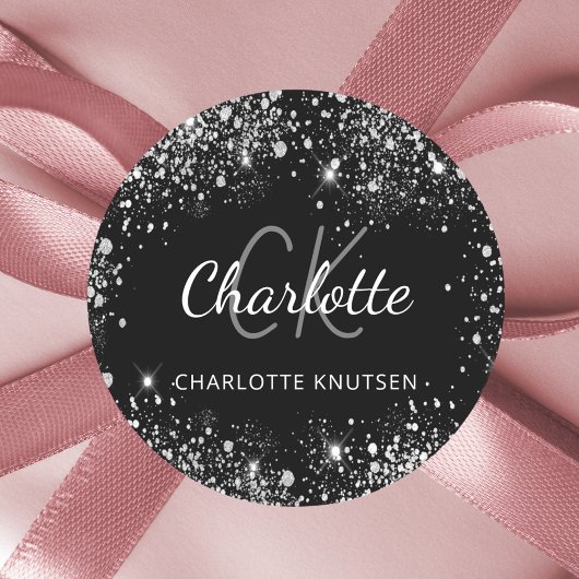 Zwarte zilveren glans monogram initialen naam ronde sticker