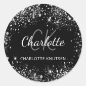 Zwarte zilveren glans monogram initialen naam ronde sticker (Voorkant)