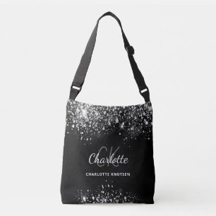 Zwarte zilveren glinster stof monogram initialen crossbody tas