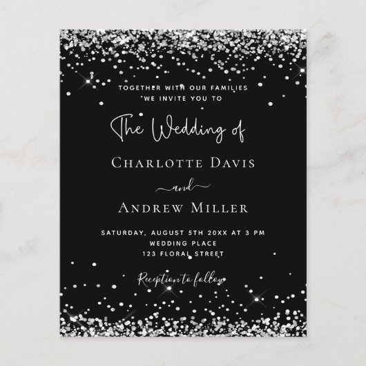 Zwarte zilveren glinsterende trouwuitnodiging (Voorkant)