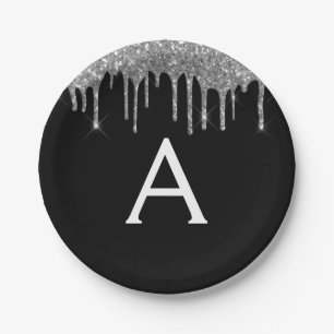 Zwarte Zilveren Glitter Monogram Verjaardag Papieren Bordje