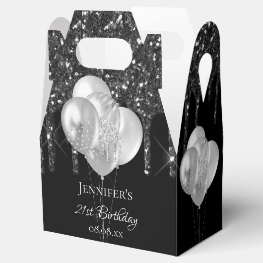 Zwarte zilveren glitter-partij op feestdag drijft  bedankdoosjes (Geopend)